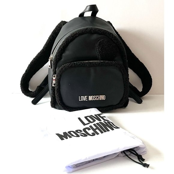 LOVE MOSCHINO Black Vegan Leather & Shearling Trimmed Backpack, NWT! $350 - Picture 1 of 10